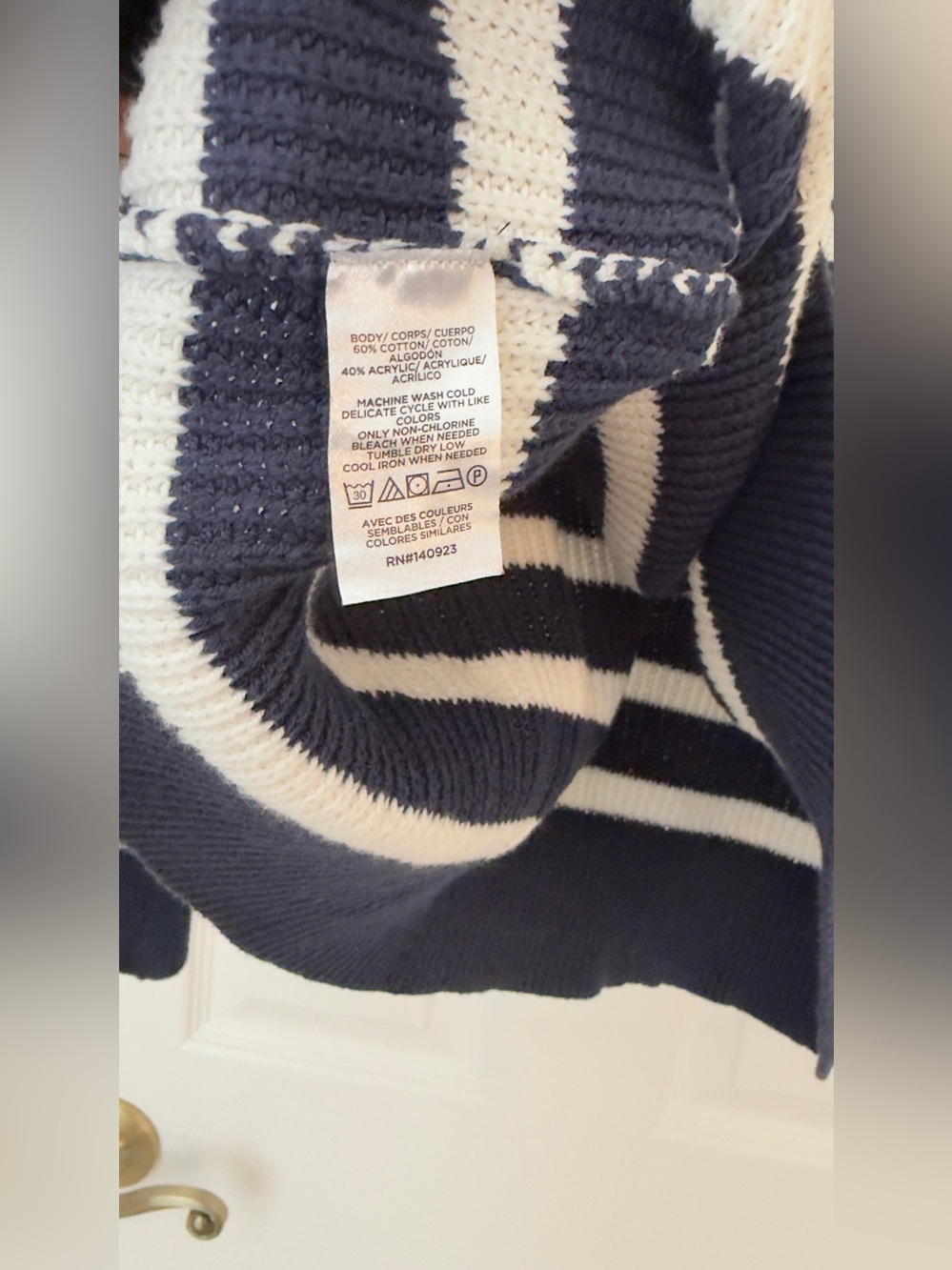 Loft striped summer sweater navy and white button neck mock neck long sleeve top - Picture 3 of 4